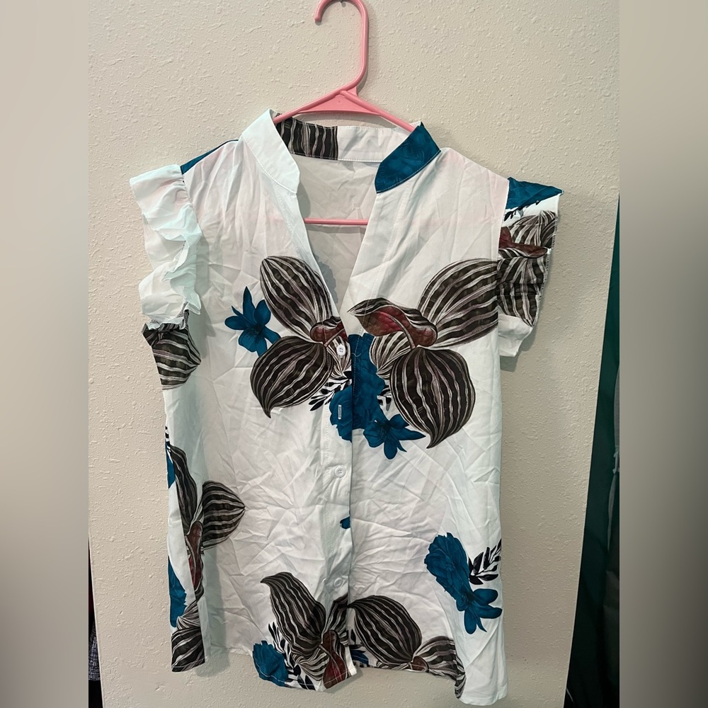 SHEIN Tropical Print Button Down Shirt - White and Blue